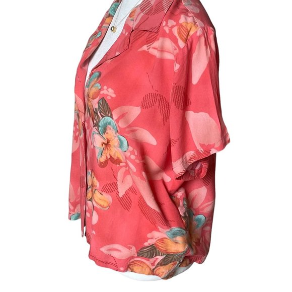 Jams World Woman Hawaiian Print Short Sleeve Blouse Button Up Size M Orange Red - Picture 4 of 8